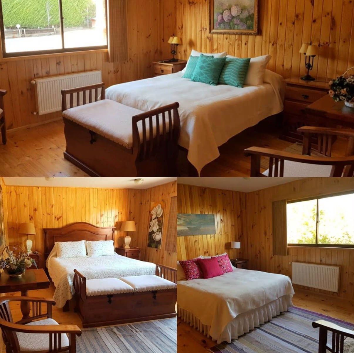 Tres de las suites superior, con cama doble y ventanas al jardín